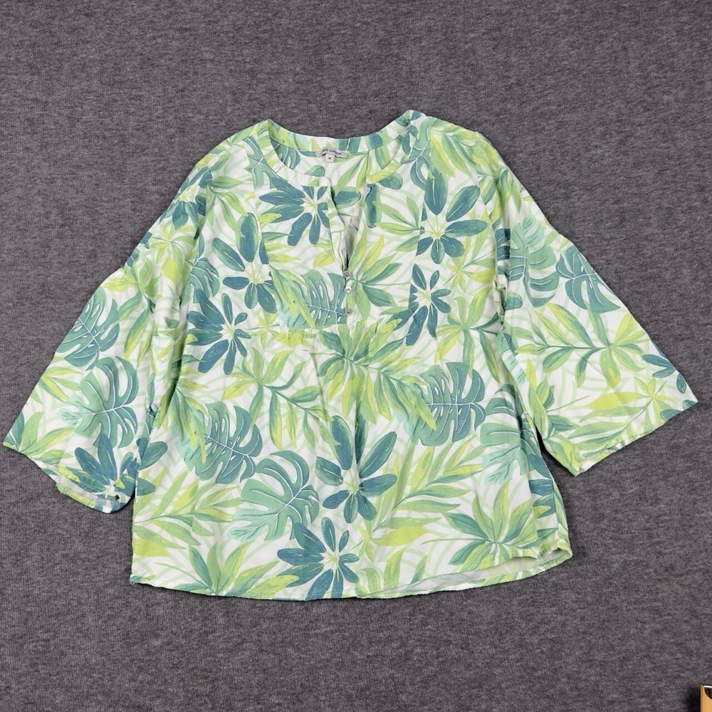 Anne Carson Blouse Womens XL Green Tropical Palm Leaf Henley V-Neck Top Boho